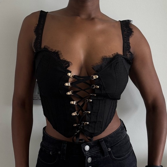 Missguided Tops - Missguided Black and Gold Lace-Up Corset Top with boning